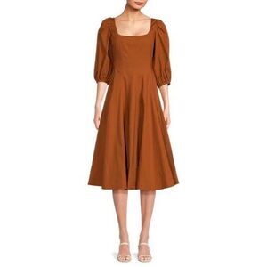 Staud Women's Brown Square Neck Puff Sleeve Swells Midi Swing Dress Size 4 NWOT